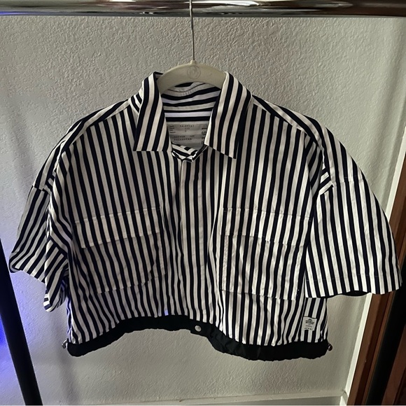 SACAI x Thomas MASON sz 2 S Striped Cropped Shirt Short Sleeve White Blue - Picture 2 of 15